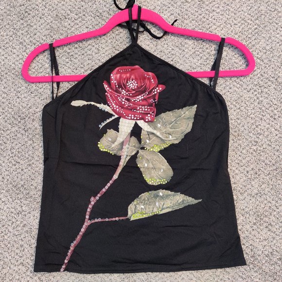 Express Tops - Black Express Halter Top with Rose Motif - Sequin & Rhinestones, Size M